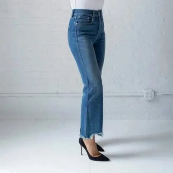 AYR Jean Namaste Flare Wide Mid Rise Distress Fray Hem Blue Denim Stretch - Picture 2 of 13